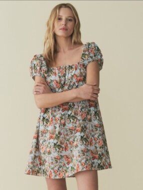 Doen Floral Puff-Sleeve Mini Dress in Sky Blue and Coral